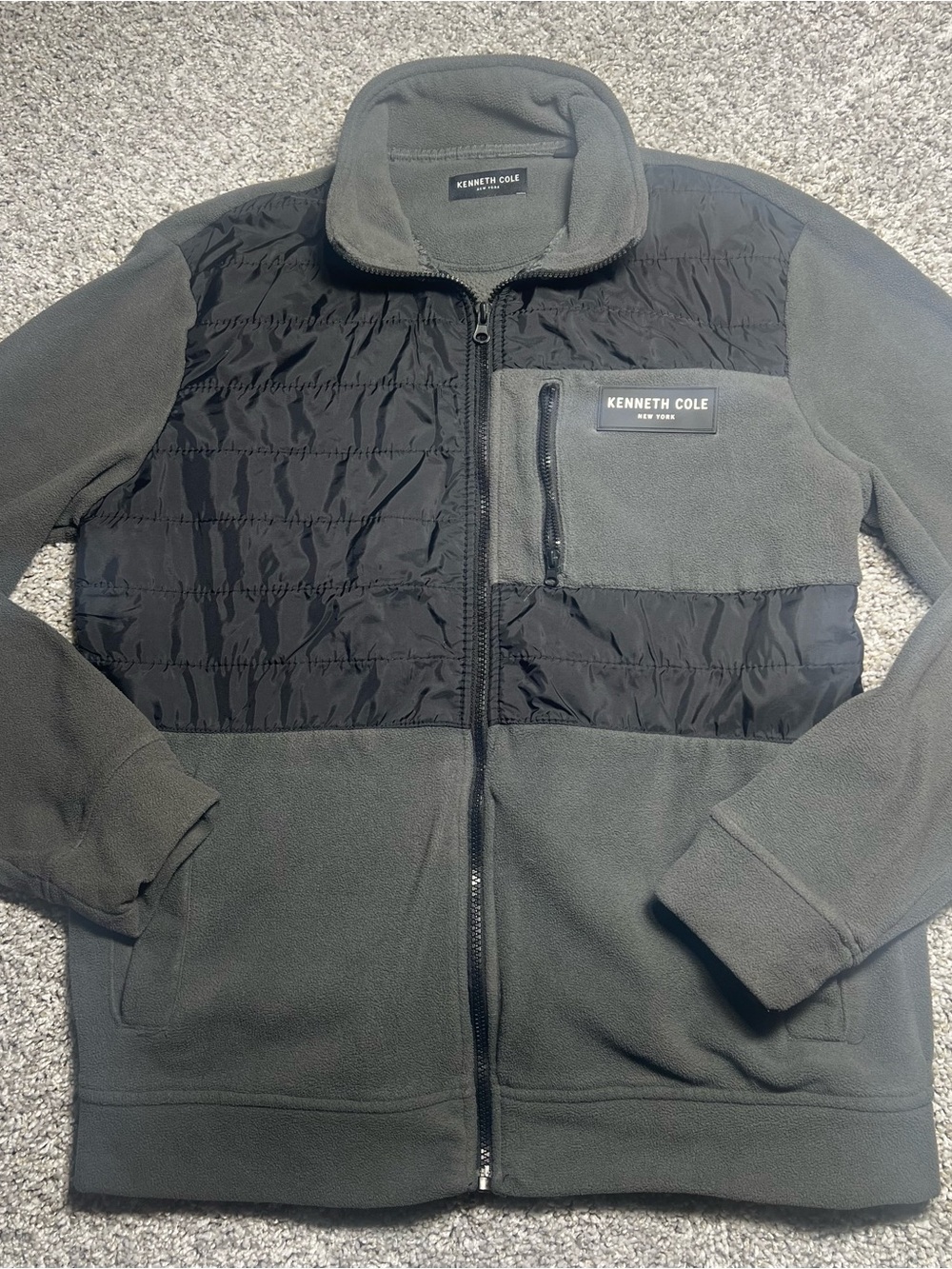 Kenneth Cole Olive Green and Black Mixed-Media Full-Zip Jacket